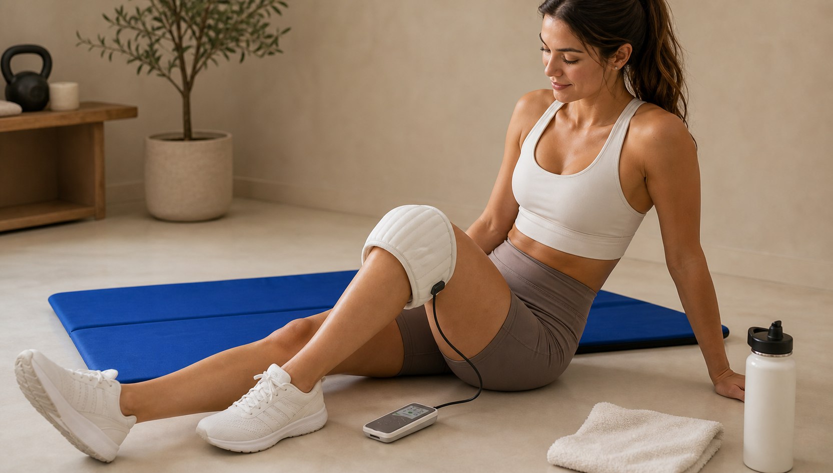 Person using the white PEMF ring around the knee